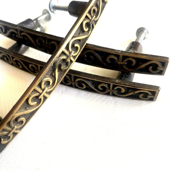 Mid Century Drawer Pulls 3" Bronze Gold Brass Set 3pcs Filigree Scrolls Handles - Picture 1 of 7